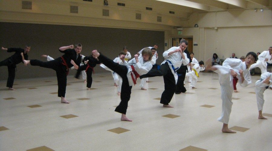 Students of all ages practicing kicks together