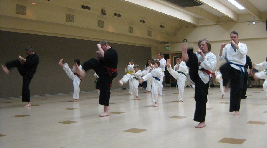Students of all ages kicking in unison